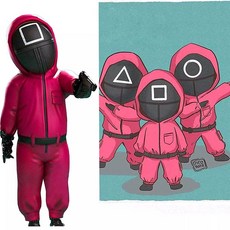 兒童魷魚游戲角色扮演紅色連身衣殺手服裝成人圓形六面具男裝魷魚游戲服裝兒童