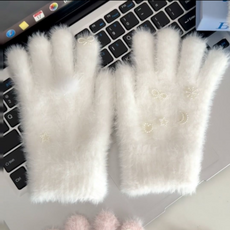 毛絨手套 刺繡裝飾保暖手套 冬季時尚配件