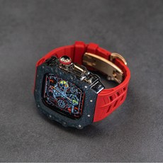 T&T 蘋果手錶改裝保護殼 適用 Apple Watch Ultra, 1個, 碳纖維透黑+紅色氟橡膠錶帶+玫金蝴蝶扣,49mm(適合ultra 1/2/3代)