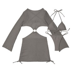여성용 3피스 수영복 속이 빈 덮개 여성용 푸시업 수영복 비치웨어와 호환되는 솔리드 컬러 수영복, 다크 그레이, 1세트, M