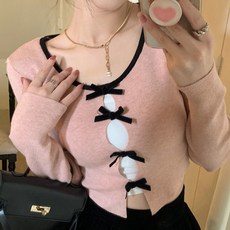 지지주 리본포인 발레코어룩 크롭가디건 리본끈 데이트룩 봄가디건 리본가디건