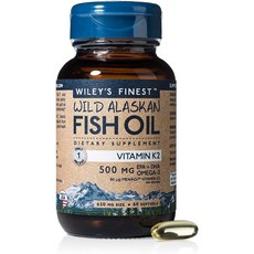 Wiley's Finest 阿拉斯加魚油維他命K2軟膠囊 650mg 無麩質 無糖, 1罐, 60顆