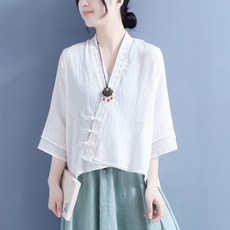 ORZQU 여자 여름 레이스 칠부 셔츠 면마 생활한복