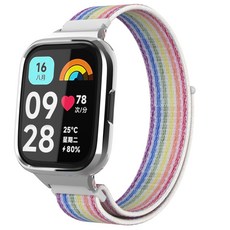 TAOMI 샤오미 레드미 워치3 액티브 호환 스트랩 스테인레스 메탈 벨크로 케이블 보호필름 풀커버 케이스, 레인보우