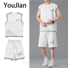 男生休閒運動套裝 夏季薄款寬鬆大碼無袖T恤 速乾透氣涼感背心短褲兩件套