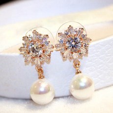 시어 플래시 꽃 큐빅 스타 진주 귀걸이-핑크골드_ 050613