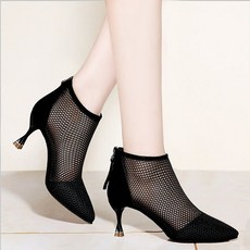 여성 키높이 통기성 메쉬 하이힐 샌들 5cm 7cm 스웨이드 스틸레토 여름부츠 미들힐