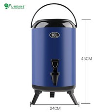 스테인레스 스틸 밀크티 절연 버킷 상업용 대용량 콜드 더블 레이어 두유 음료 온도계 차 음료 절연 버킷, 10L 시안 블루