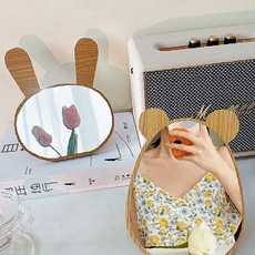 토끼 얼굴 모양 탁상 거울 원목 프레임 귀 장식 화장대 메이크업 미러 침실 책상, 곰