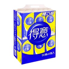 得意 抽取式花紋衛生紙90抽*6包 超值家庭號 抽取式衛生紙 柔韌舒適, 1個, 90抽*6包入/袋, 90抽