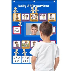 ALSLEA 감정 포켓 차트 교실용 36장 카드 포함 사회 정서 학습 및 조절용 어린이용 자폐증 자료 홈스쿨 차분한 공간 용품 파랑, Affirmations Chart- Blue