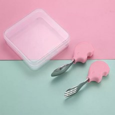 寶寶短柄學習餐具 台灣現貨 獨立包裝 316不鏽鋼兒童餐具 短柄叉勺 學習叉勺 短柄餐具 寶寶勺叉 湯匙 叉子, 004 粉紅小象, 1個, 叉勺
