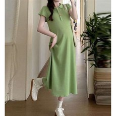 여성 봄 여름 반팔 칼라 니트 원피스 반팔 단추 장식 임산부 착용 가능