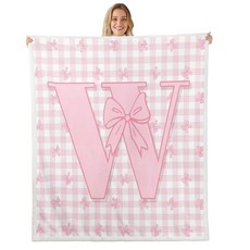 Jejeloiu 핑크 리본 담요 버팔로 체크 부드러운 플리스 셰르파 아늑한 퍼지 플러시 따뜻한 이니셜 레터 W 모노그램 101.6cm x 127cm(40 50인치) 귀여운 나비