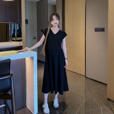DFMEI 新款夏孕婦連衣裙短袖薄款純色V領寬鬆顯瘦遮肚百褶長裙