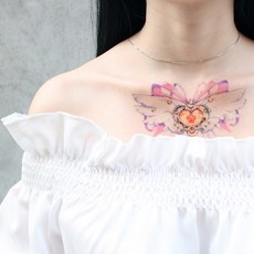 WAWA TATTOO翅膀寶石胸前蝴蝶結大圖紋身貼紙LC-399，男女防水DIY刺青貼紙，派對時尚首選, 1個
