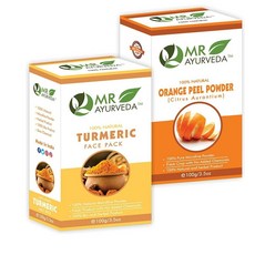 인도정품 MR Ayurveda 100% 유기농 헤나 파우더 화학물질 없음, 오렌지 껍질  + 강황 페이스 팩, 2개 세트
