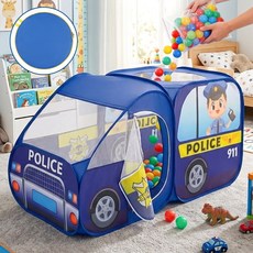 Flyaiku 경찰차 캐릭터 원터치 접이식 휴대용 실내외 텐트 대형 차량 헤드 디자인 메쉬 창 수납가방 포함, 1개, 블루