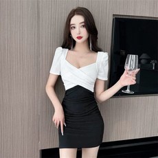 TKX 여름 가을 배색 슬림핏 섹시 원피스 퍼프 소매 빅사이즈까지 편안한 소재 매력적인 K67