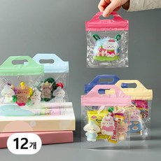 귀여운 캐릭터 손잡이 지퍼백 세트 유치원 어린이집 생일 선물 포장 봉투 간식 답례품 단체 구디백 비닐 포장지, 12개, 색상혼합
