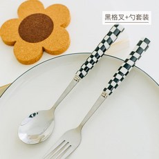 陶瓷西餐牛排刀叉勺不鏽鋼餐具格子野餐餐具 副廠產品, 1個, 輕奢陶瓷-棋盤格黑白,單支裝 默認發主餐勺, 紅白格, 西餐刀叉勺
