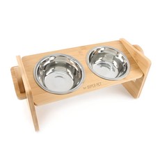 Dog-i 寵物可調高度竹製餐碗架 2格+不鏽鋼圓碗 2入, 單色, 1組
