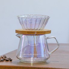 해피유통 고급스러운 유리 커피 드리퍼 세트 우아한 디자인 나무 받침대 포함, 300ML 컬러풀 포트 + 대나무 받침 + 소형 필터컵