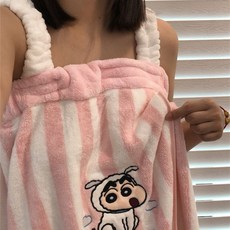 蠟筆小新刺繡條紋浴裙 雙肩帶浴巾浴袍, 粉色