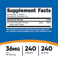 Nutricost 킬레이트 철분 36mg 240캡슐 (Ferrochel)