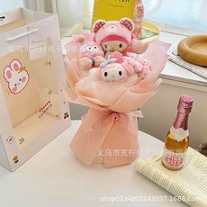 甜蜜cosmetics 女神節創意禮物玩偶花束卡通公仔花束 生日畢業情人節禮物, 1個, WO030-美樂蒂花束+禮袋+賀卡+燈