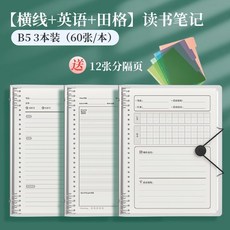 B5活頁讀書筆記本，好詞好句摘抄本，閱讀記錄本，小學生打卡日積月纍, 【田+橫+英】B5/讀書筆記本/3本, 1個