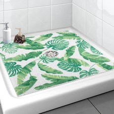 정사각형 샤워 매트 Yonala 61 x 61cm(24 x 24인치) 세련된 미끄럼 방지 샤워 매트 중앙 배수 구멍이 있는 내부 샤워용 부드럽고 다듬을 수 있는 PVC 수, 빅 그린 리프