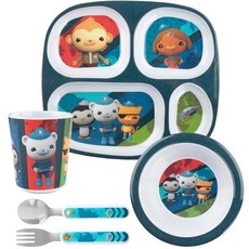 Octonauts 아동용 식사 시간 분할 접시 식사 세트 5개 - 그린 열대우림 - 가장자리가 올라간 접시 및 그릇 컵 스테인리스 스틸 포크 및 스푼 포함 내구성 식기, 블루