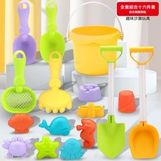 兒童沙灘玩具套裝 挖沙工具 卡通車 沙漏, 1套, 605g, 十六pcs沙灘運輸 沙車糖果色彩