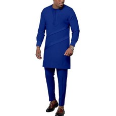 아프리카 남성용 운동복 다시키 셔츠 및 바지 투피스 세트 의상 나이지리아 캐주얼 블루. XXL