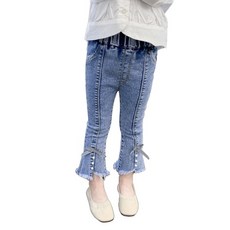 萱寶媽咪baby童裝館 韓版兒童秋冬薄款牛仔長褲 女童微喇叭開叉蝴蝶結牛仔褲 女寶彈力修身童褲