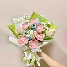 모루꽃다발키트 취미 선물 패키지 만들기 대형, 핑크 소프트 그린 블루밍 꽃다발, 1개