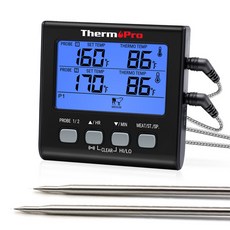 ThermoPro TP17 듀얼 프로브 대형 백라이트 LCD 디스플레이 조리용 음식 주방 온도계, 블랙, 1개