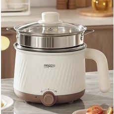 BRSDDO 多功能美食鍋 宿舍小電鍋 雙層蒸煮鍋 不沾鍋, 棕白螺紋送不鏽鋼, 電煮鍋