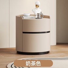 意式極簡圓形實木烤漆牀頭櫃臥室家用輕奢高級感免安裝儲物牀邊櫃, 【YZ實木烤漆】奶茶色:45X45X50CM