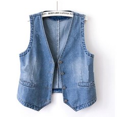 ROYALBELLE 여성 브이넥 데님조끼 패션 빅사이즈 민소매 자켓 얇은 숏 베스트 D0041451