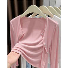 灰色螺紋針織開衫薄款外套 防曬罩衫 披肩女外搭 空調衫, 粉紅色, M建議85-105斤