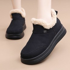 冬季女款保暖雪地靴，防滑耐磨皮革短靴，舒適百搭豆豆鞋, 黑色