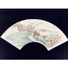 純手繪文玩摺扇 溪泉雙駿圖 畫扇面 工筆駿馬 扇子, 如圖所示, 1個