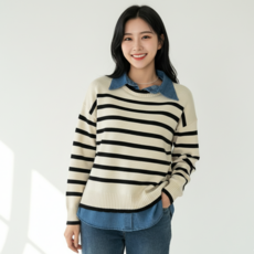 누보마켓 여성 루즈핏 청카라 데님 스트라이프 니트 레이어드 세트