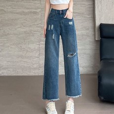 와이드핏 하이웨스트 찢어진 디스트로이진 여성 청바지 여름 얇은 빅사이즈 일자 8부 바지