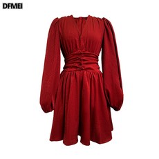 DFMEI 모닝 프렌치 빈티지 와인 하이웨스트 브이넥 셔링 긴팔원피스 조거 A라인 원피스 여5320