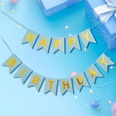 燙金字母魚尾生日拉旗 兒童週嵗派對橫幅裝飾, 藍色燙金（青藍酷金）