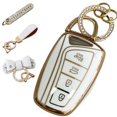 루루형제 현대 호환 자동차 프리미엄 TPU 키 케이스+번호키링+가죽스트랩+가죽리본, 크림화이트, AH-03