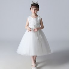 DIU 女童夏裝連衣裙白色中大童花童生日鋼琴演出服兒童禮服公主裙女孩